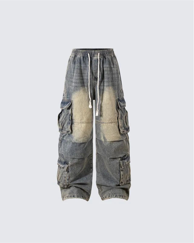 Washed Denim Multi-Pocket Cargo Pants sold by KIIKIO