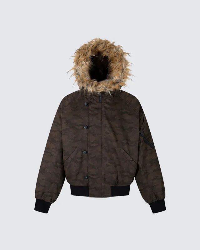 Camouflage Cotton Jacket with Removable Fur Hood sold by KIIKIO