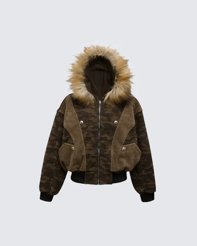 Camouflage Faux Fur Hooded Jacket sold by KIIKIO