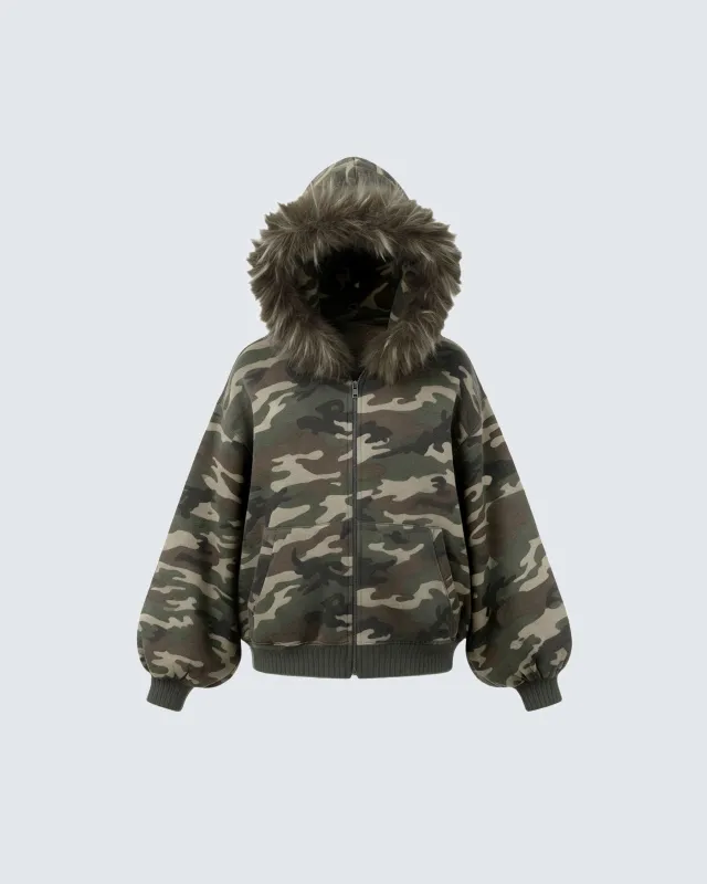 Camouflage  Fur Collar Cotton Jacket sold by KIIKIO