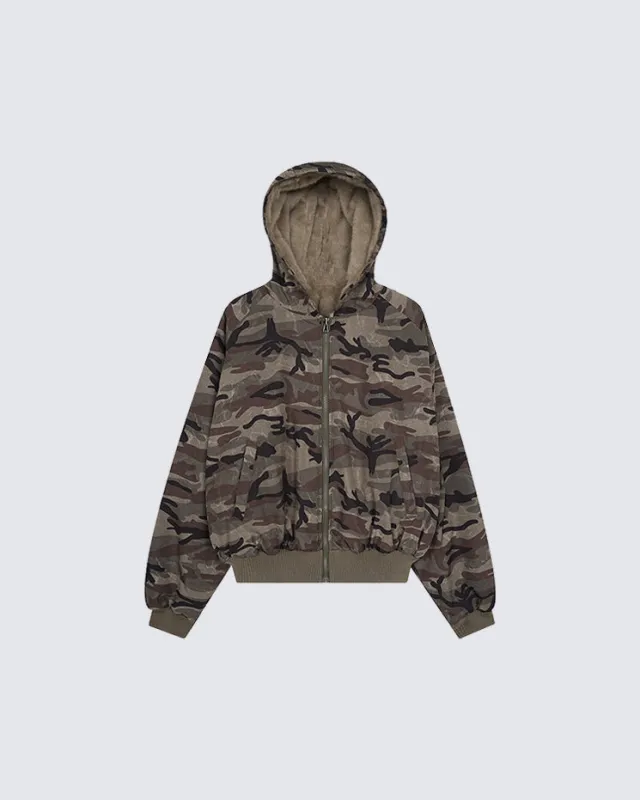 Faux Fur Hooded Camouflage Cotton Padded Coats made by KIIKIO