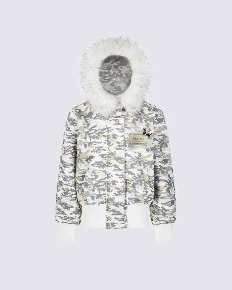 Camo Fur-Trim Thin Hooded Short Jacket sold by KIIKIO product image thumbnail 2