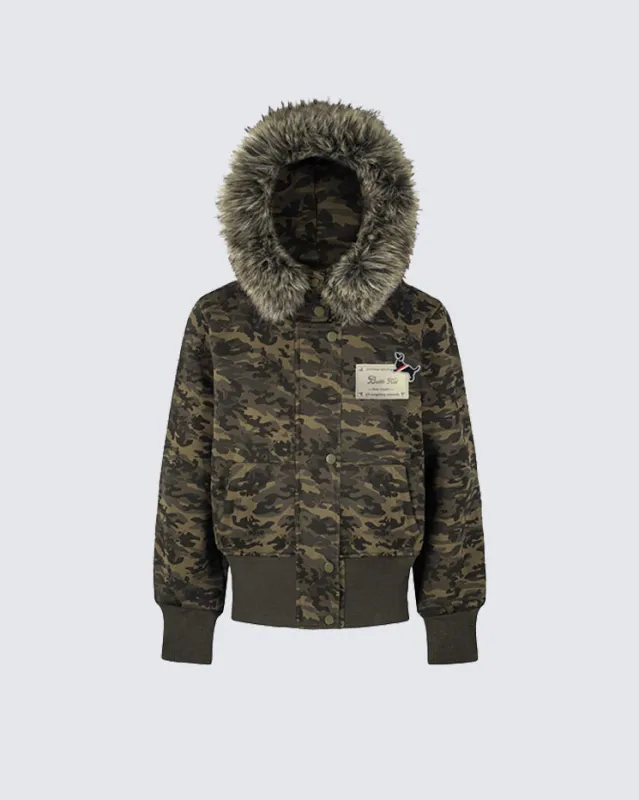 Camo Fur-Trim Thin Hooded Short Jacket sold by KIIKIO