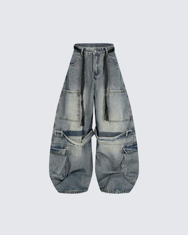 High-Street American Washed Distressed Machete Denim Cargo Pants sold by KIIKIO