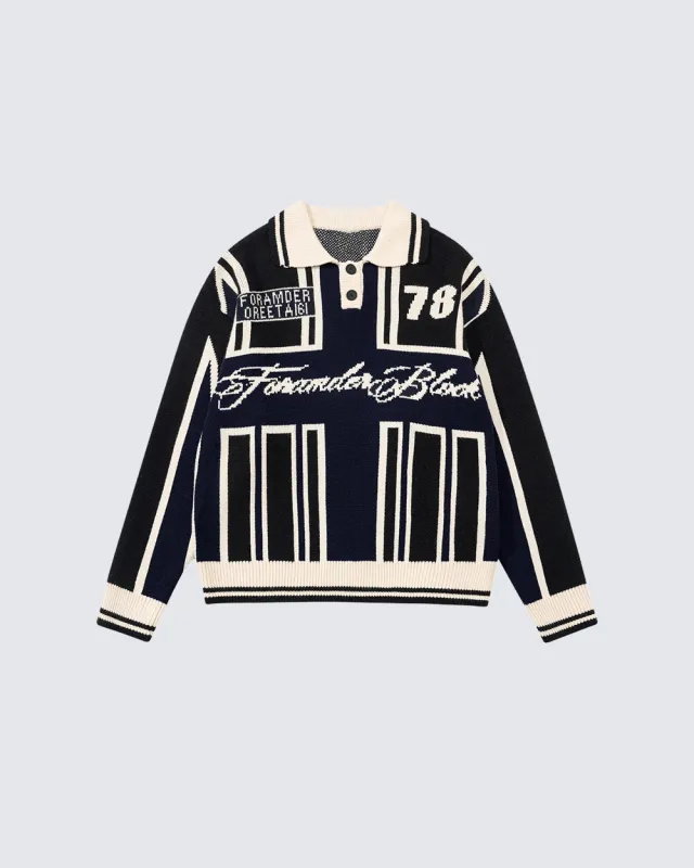 American Color-Block Jacquard Polo Sweater sold by KIIKIO
