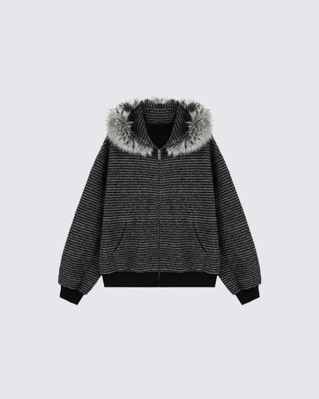 Striped Hoodie Jacket with Fur Trim sold by KIIKIO