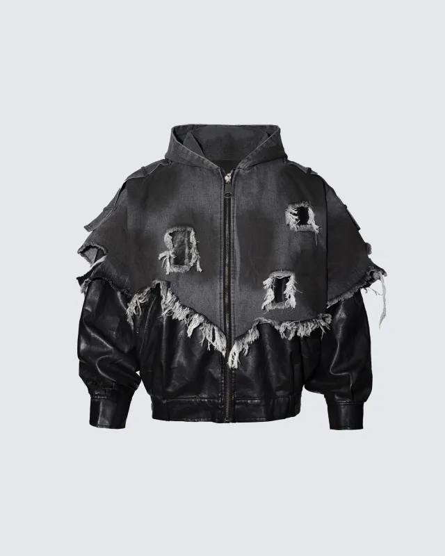 Deconstructed Layered Distressed Leather Jacket sold by KIIKIO
