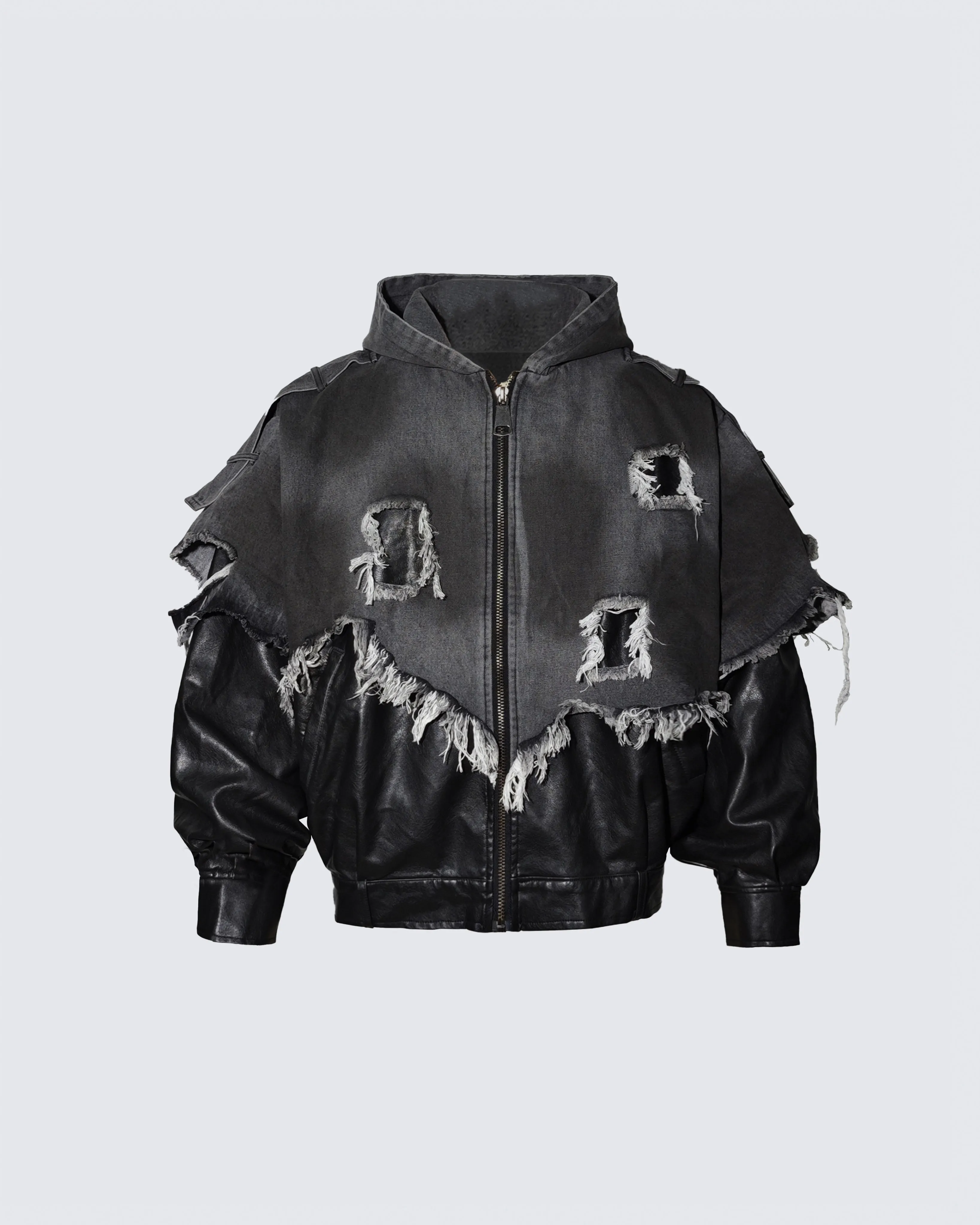 Deconstructed Layered Distressed Leather Jacket sold by KIIKIO