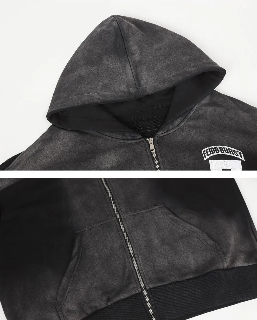 Vintage Loose Fit Washed Distressed Zip-Up Hoodie sold by KIIKIO product image thumbnail 5