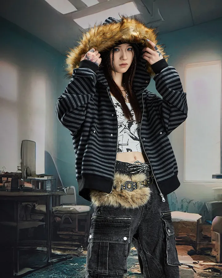 Striped Faux Fur Hooded Jacket sold by KIIKIO product image thumbnail 5