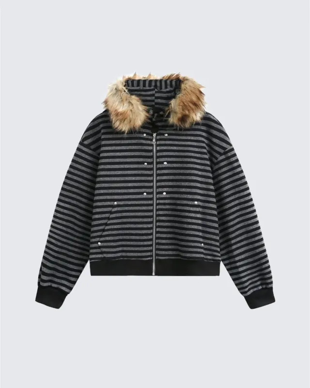Striped Faux Fur Hooded Jacket sold by KIIKIO