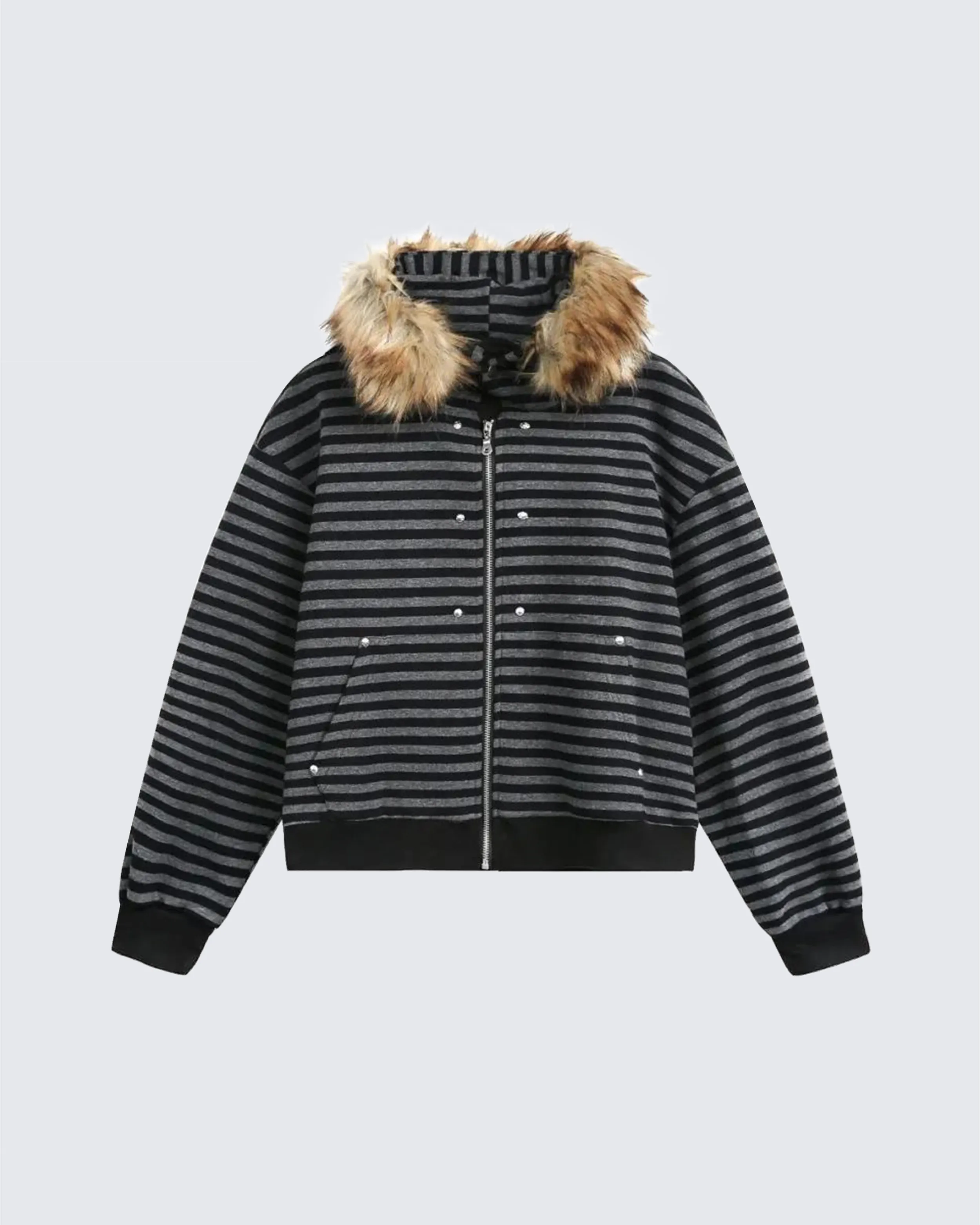 Striped Faux Fur Hooded Jacket sold by KIIKIO