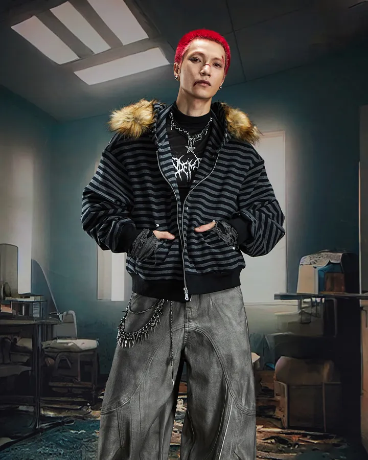 Striped Faux Fur Hooded Jacket sold by KIIKIO product image thumbnail 4