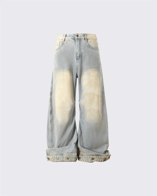 Wide-Leg Denim Jeans with Buttoned Hem made by KIIKIO