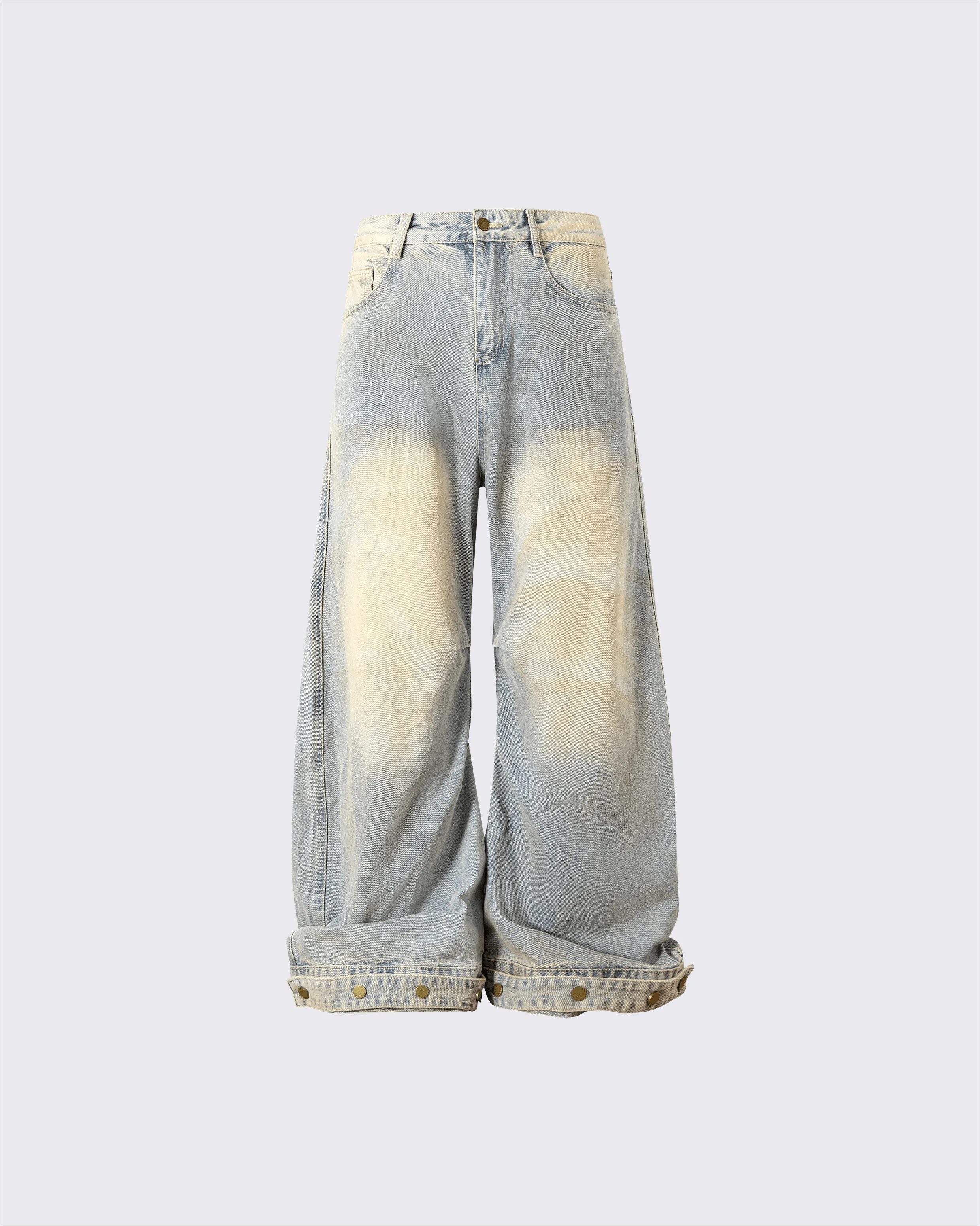 Wide-Leg Denim Jeans with Buttoned Hem sold by KIIKIO