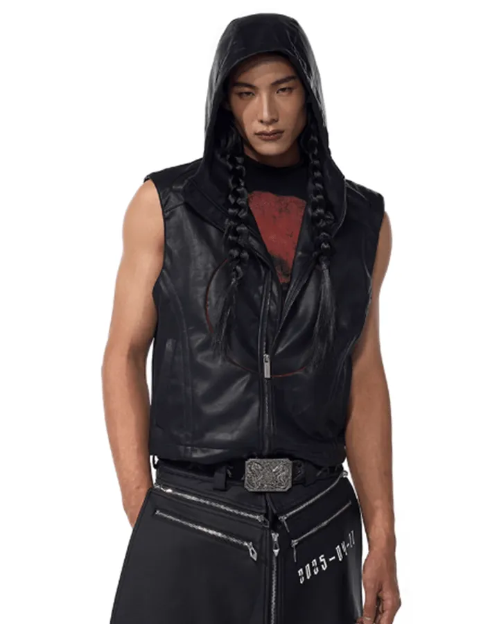 Hooded Faux Leather Sleeveless Vest with Tech Circle Detail sold by KIIKIO product image thumbnail 3