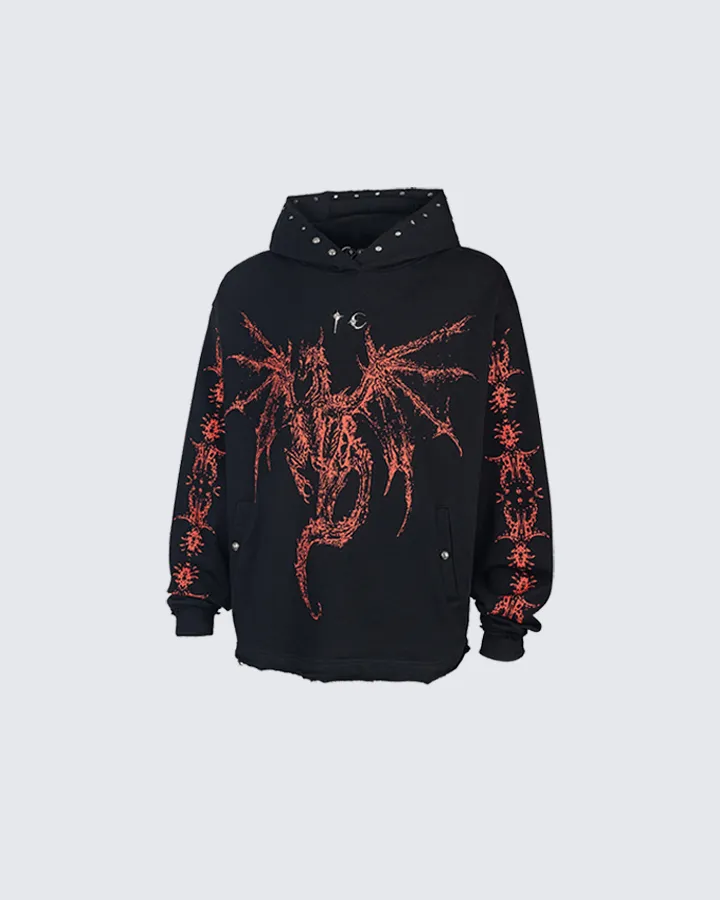 Studded Dragon Print Cotton Hoodie sold by KIIKIO
