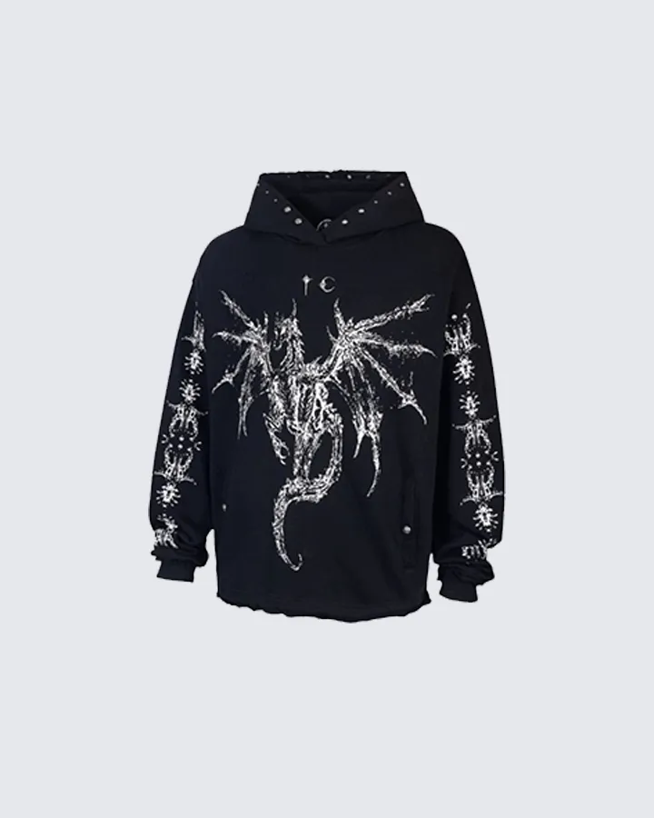 Studded Dragon Print Cotton Hoodie sold by KIIKIO product image thumbnail 3
