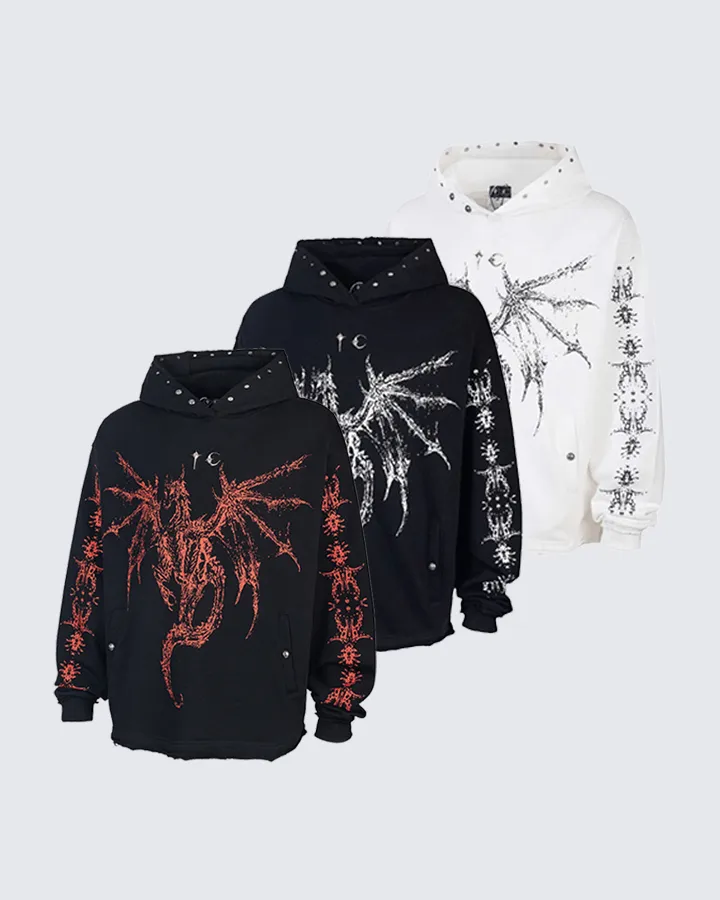 Studded Dragon Print Cotton Hoodie sold by KIIKIO product image thumbnail 2