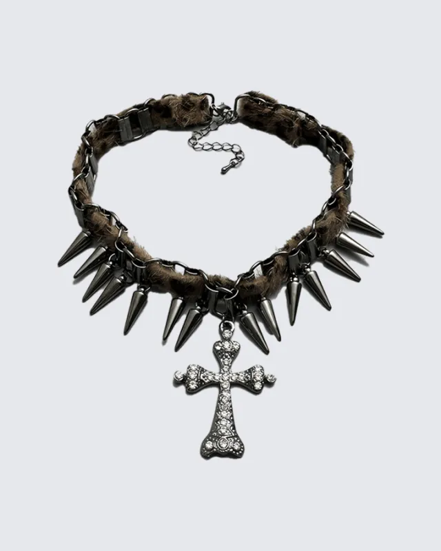 Faux Fur Spiked Cross Pendant Punk Choker sold by KIIKIO