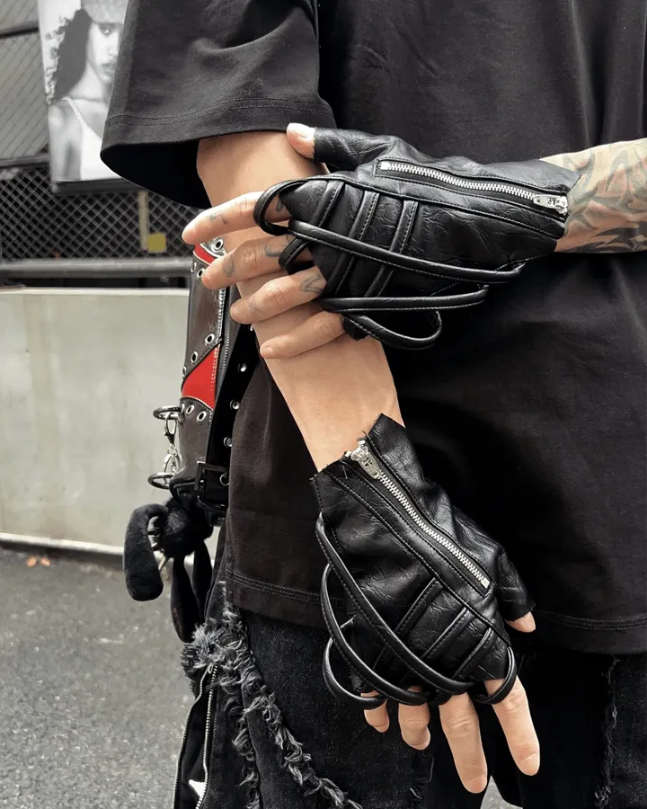 Gothic Punk Lace-Up Fingerless Faux Leather Gloves sold by KIIKIO product image thumbnail 2