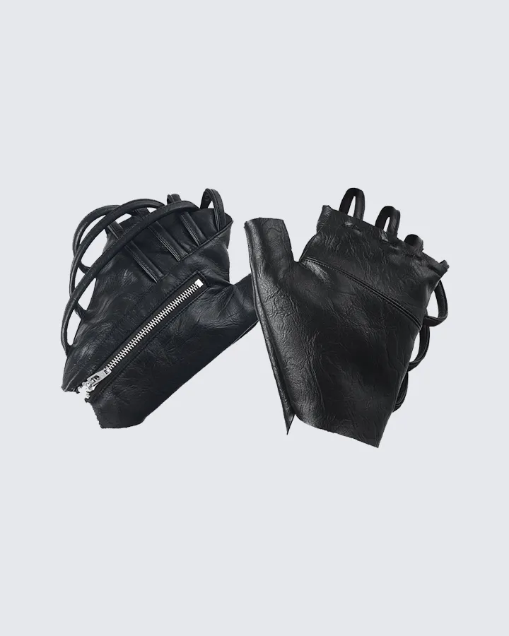 Gothic Punk Lace-Up Fingerless Faux Leather Gloves sold by KIIKIO