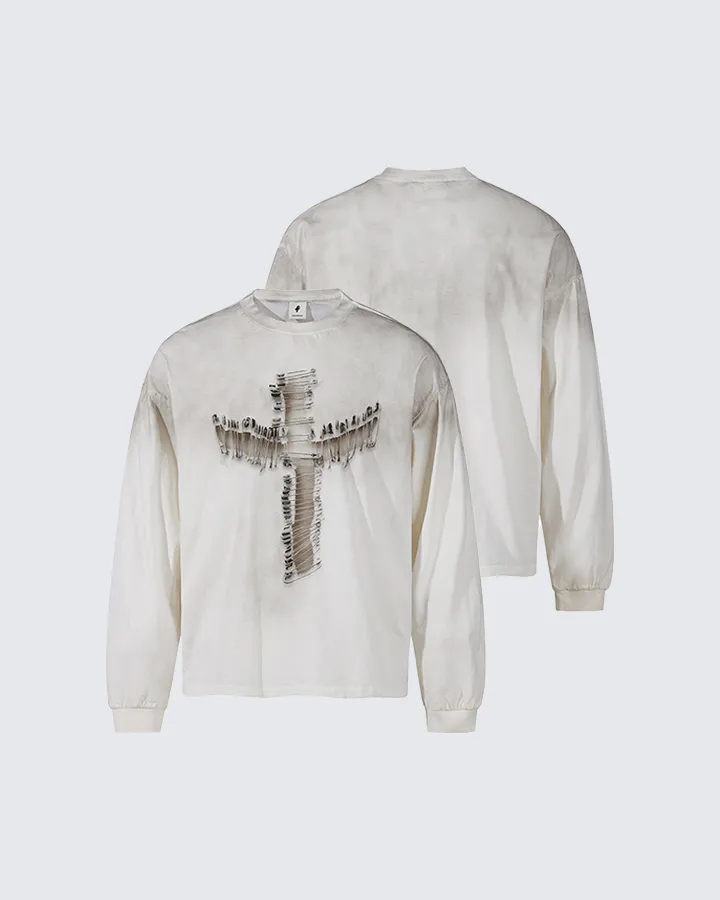 Distressed Cross Graphic Long Sleeve T-Shirt sold by KIIKIO product image thumbnail 2