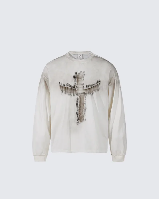 Distressed Cross Graphic Long Sleeve T-Shirt sold by KIIKIO