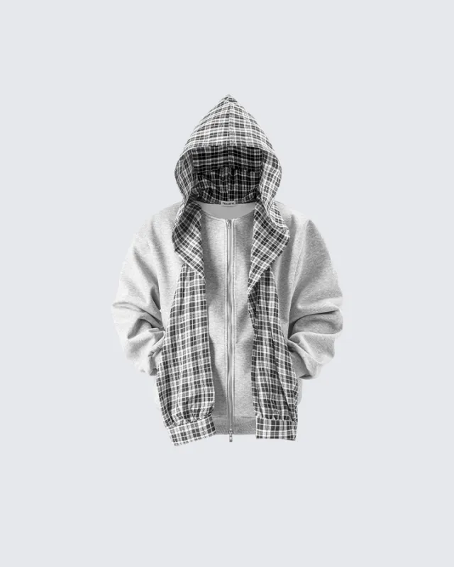 Plaid-Lined Dual-Wear Zip Hoodie sold by KIIKIO