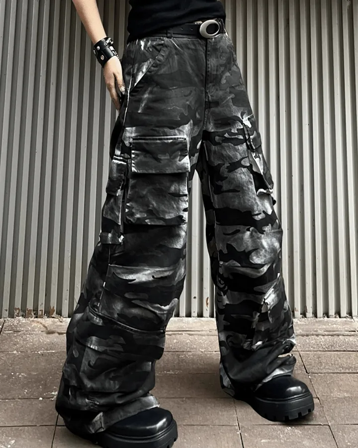 Reflective Camouflage Wide-Leg Cargo Pants sold by KIIKIO product image thumbnail 4