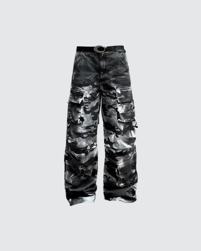 Reflective Camouflage Wide-Leg Cargo Pants sold by KIIKIO
