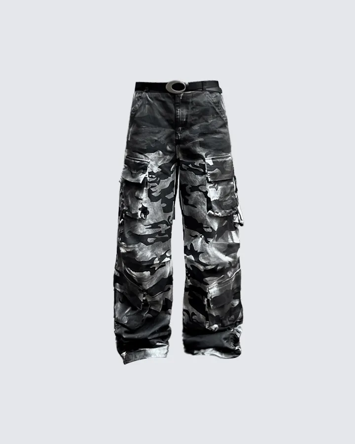 Reflective Camouflage Wide-Leg Cargo Pants sold by KIIKIO