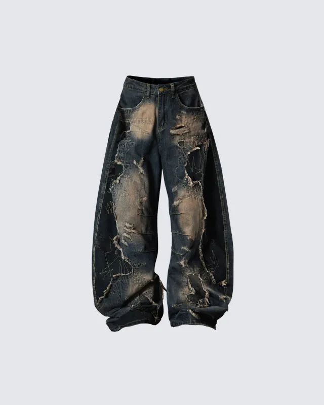 Deconstructed Washed Patchwork Blade-Cut Jeans made by KIIKIO
