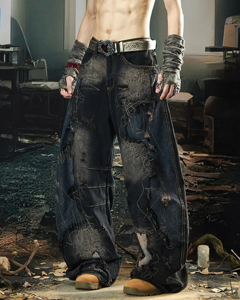 Deconstructed Washed Patchwork Blade-Cut Jeans sold by KIIKIO product image thumbnail 3