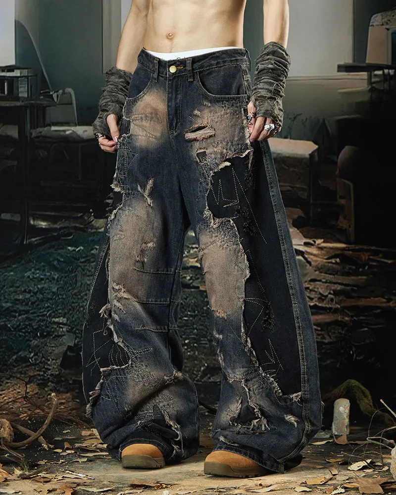 Deconstructed Washed Patchwork Blade-Cut Jeans sold by KIIKIO product image thumbnail 2