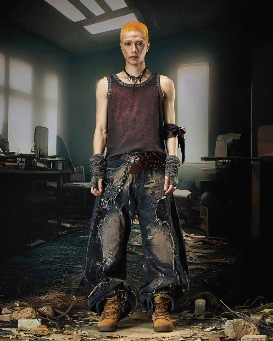 Deconstructed Washed Patchwork Blade-Cut Jeans sold by KIIKIO product image thumbnail 5