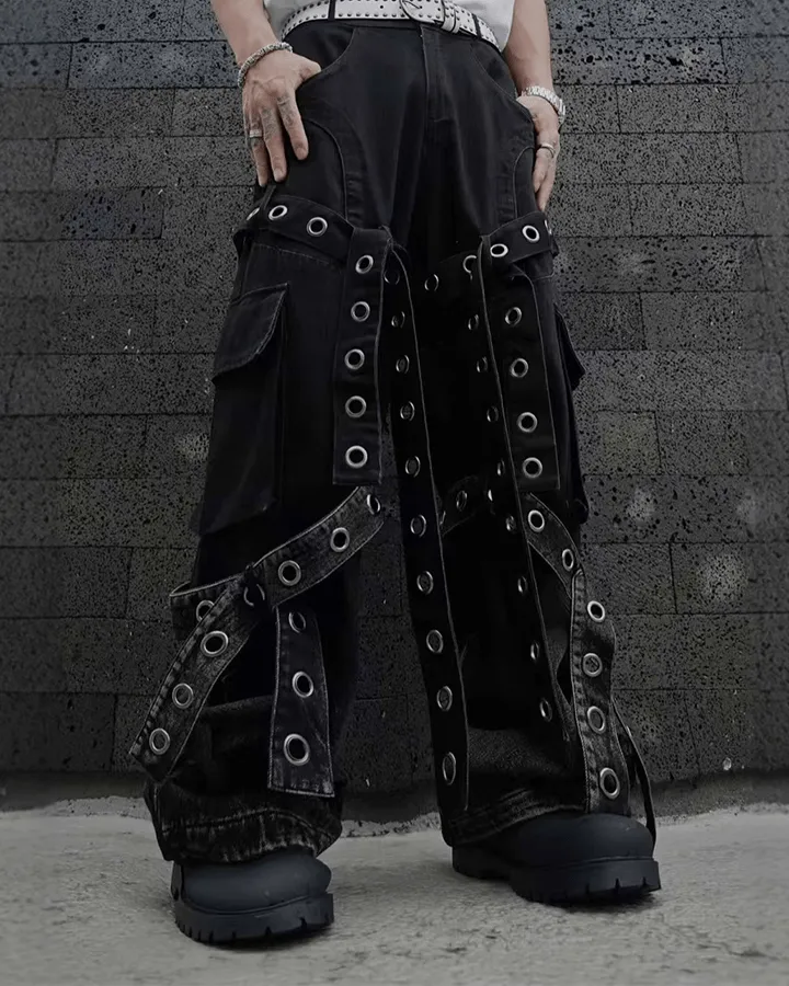 Punk Strap Eyelet Wide-Leg Cargo Pants sold by KIIKIO product image thumbnail 4