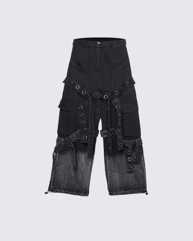 Punk Strap Eyelet Wide-Leg Cargo Pants sold by KIIKIO