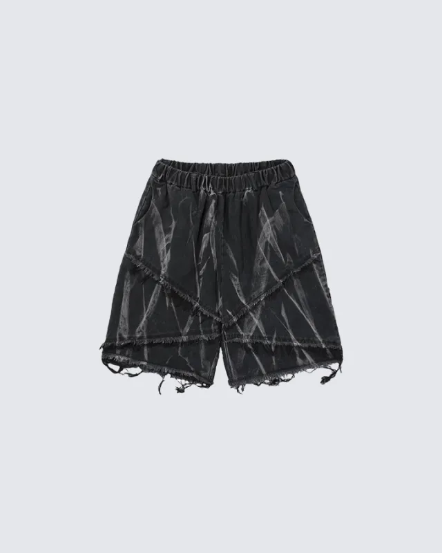 Distressed Black Denim Shorts with Abstract Print sold by KIIKIO