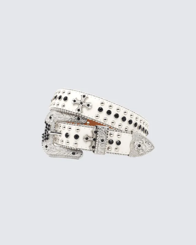Gothic Cross Studded Belt – White Leather Punk Waist Accessory sold by KIIKIO