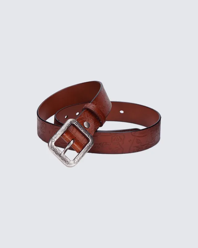 Retro Floral Embossed Leather Belt with Vintage Buckle – Chestnut Brown sold by KIIKIO
