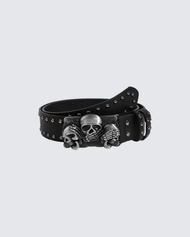 Triple Skull Studded Leather Belt – Gothic Rock Style made by KIIKIO