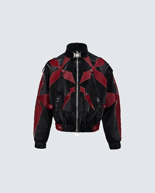 Black and Red Crocodile-Patterned Leather Patchwork Jacket sold by KIIKIO