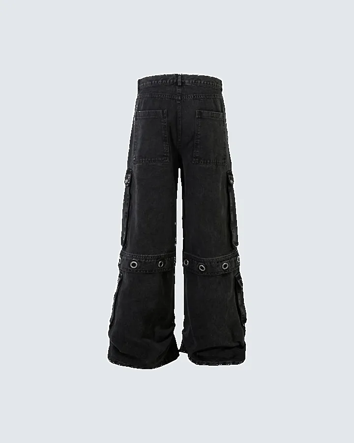 Black Wide-Leg Cargo Pants with Metal Grommets sold by KIIKIO product image thumbnail 2