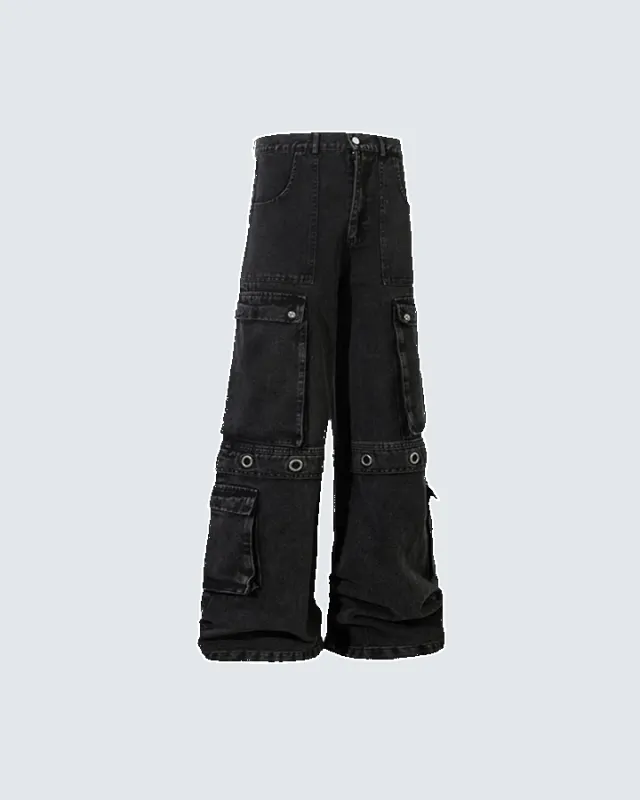Black Wide-Leg Cargo Pants with Metal Grommets sold by KIIKIO