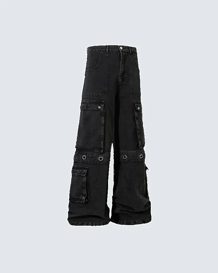 Black Wide-Leg Cargo Pants with Metal Grommets sold by KIIKIO