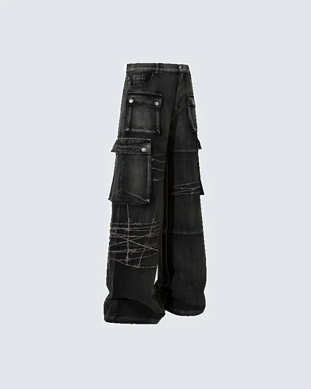 Distressed Black Cargo Pants with Multiple Pockets sold by KIIKIO