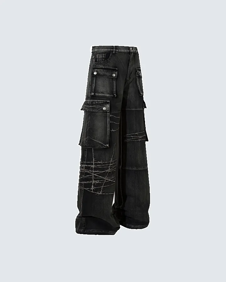 Distressed Black Cargo Pants with Multiple Pockets sold by KIIKIO