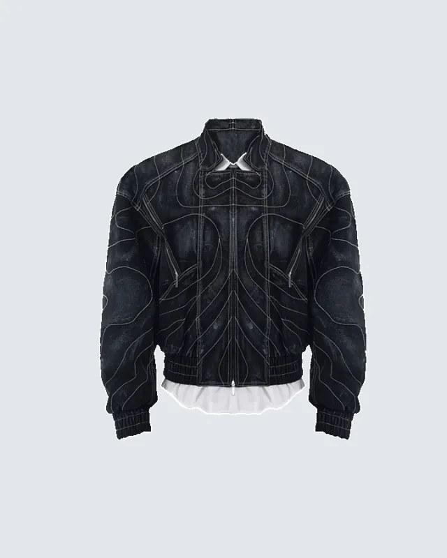 Futuristic Black Denim Bomber Jacket sold by KIIKIO