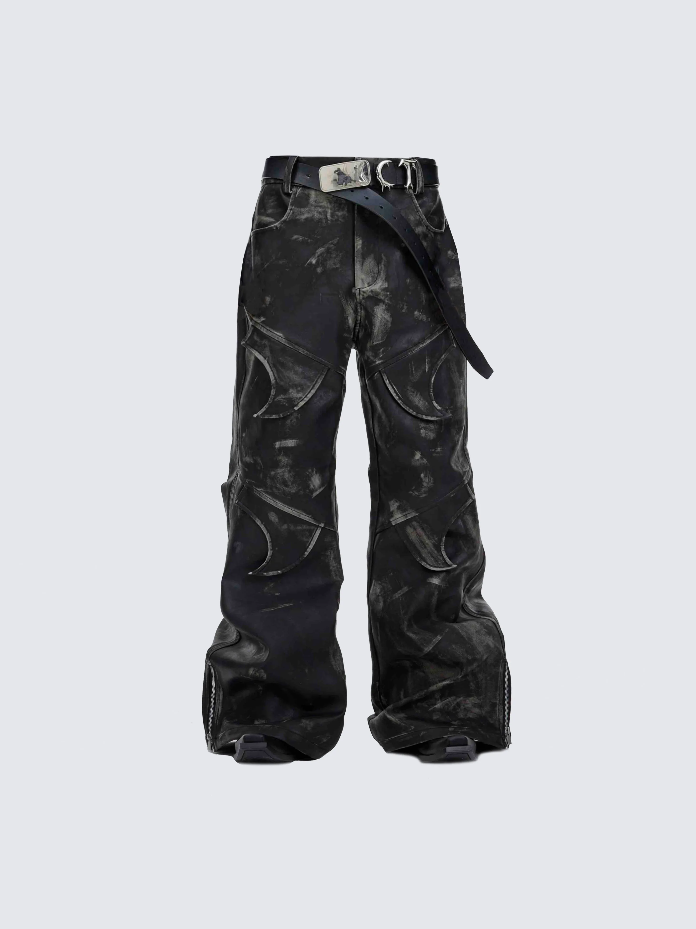 Niche Deconstructed Vintage Heavyweight PU Leather Pants sold by KIIKIO